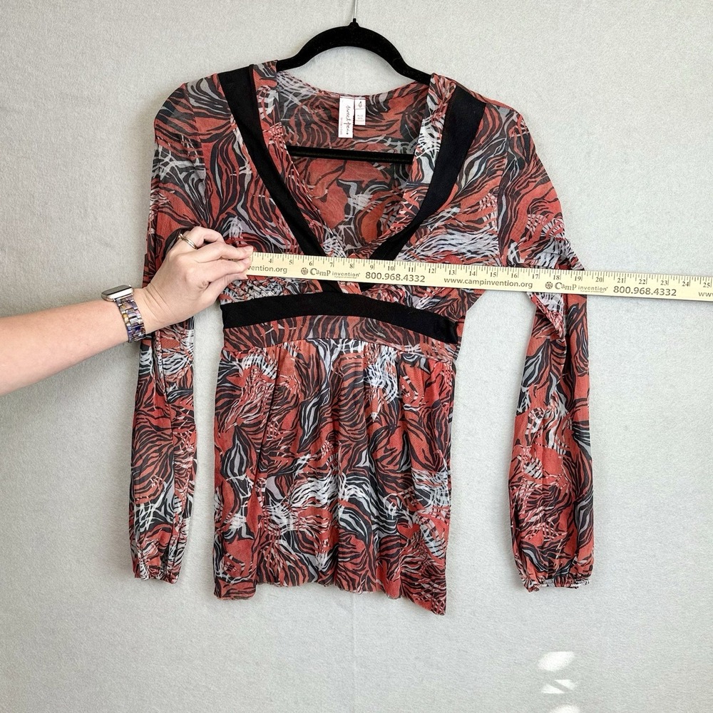 Sweat Pea by‎ Stacy Frati Red Orange Floral Babydoll Mesh Shirt Long Sleeve Sz S - Picture 2 of 6
